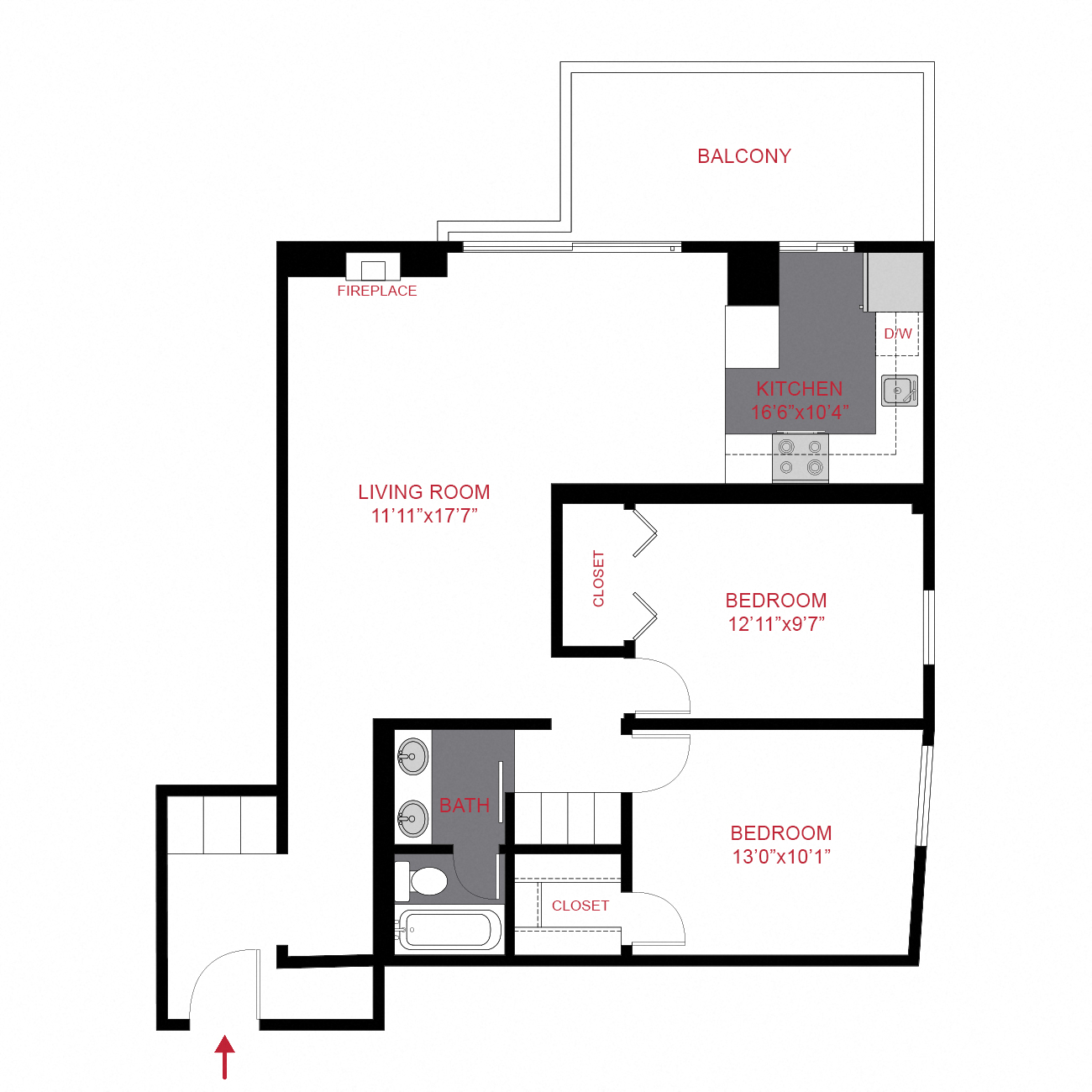 Floor plan for 2 beds, 1 bath, 925 sqft